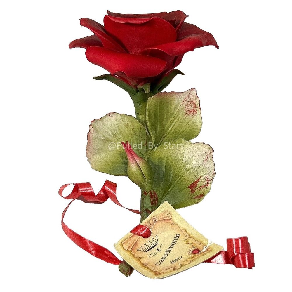 CAPODIMONTE Porcelain Green Stemmed Red Rose, Handcrafted in Naples, Italy - NWT